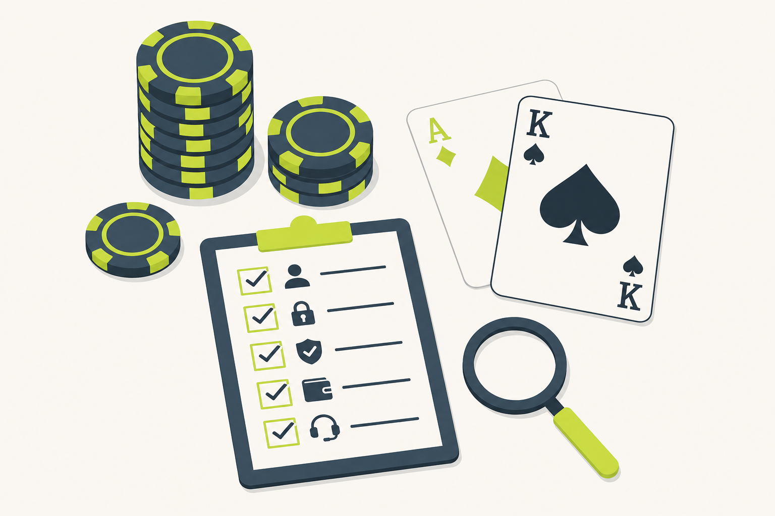 Illustration of poker chips, playing cards and a checklist, representing things to verify before signing up