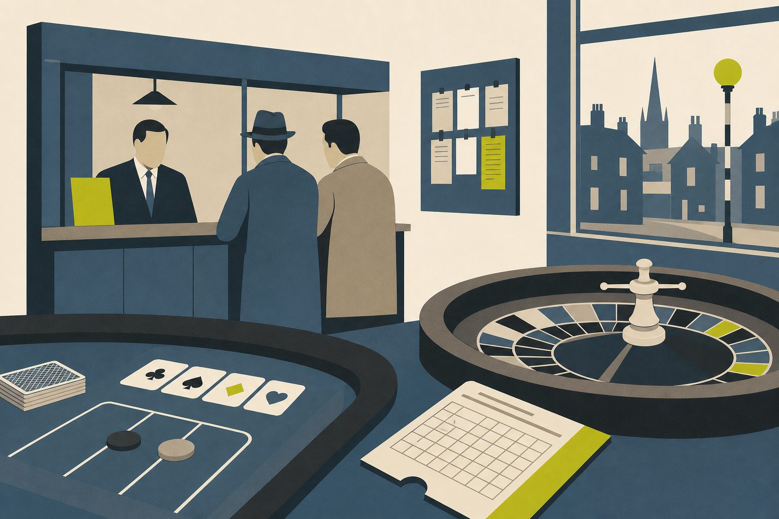 Illustration of a mid-century betting shop counter and a roulette wheel, evoking the era of the 1960 Betting and Gaming Act