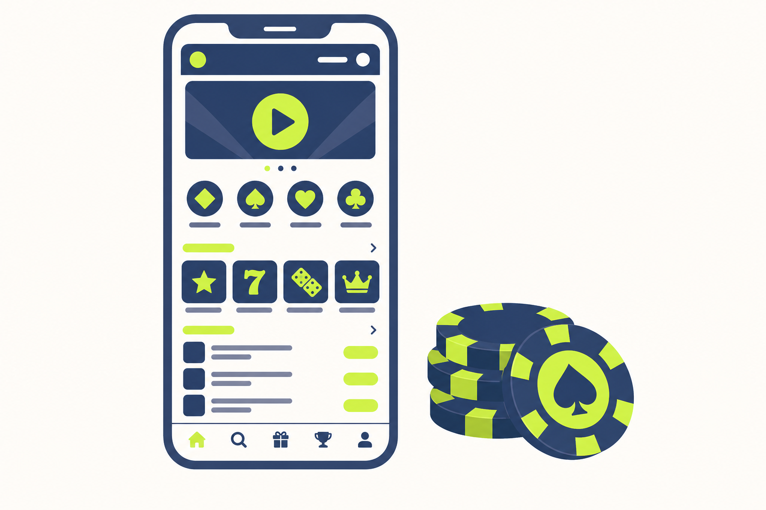 Illustration of a smartphone showing a simplified casino app layout next to a stack of poker chips